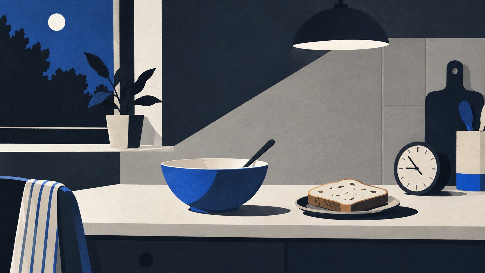 Paper-cut illustration of a bowl, bread and a small clock on an evening kitchen counter.