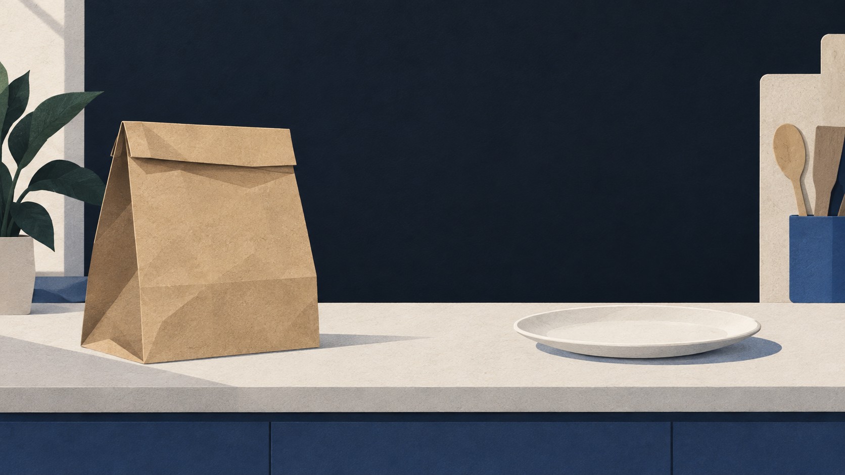 Paper-cut illustration of a closed takeaway bag and a plain plate with space between them.