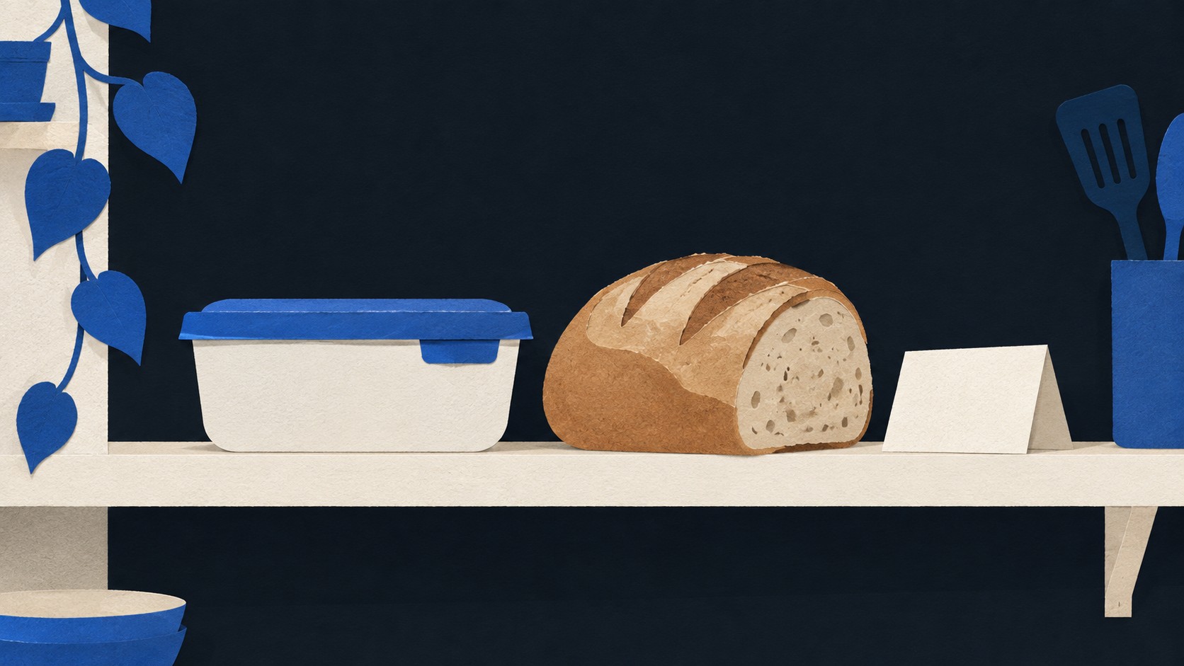 Paper-cut illustration of a food container, bread and a blank folded note on a kitchen shelf.