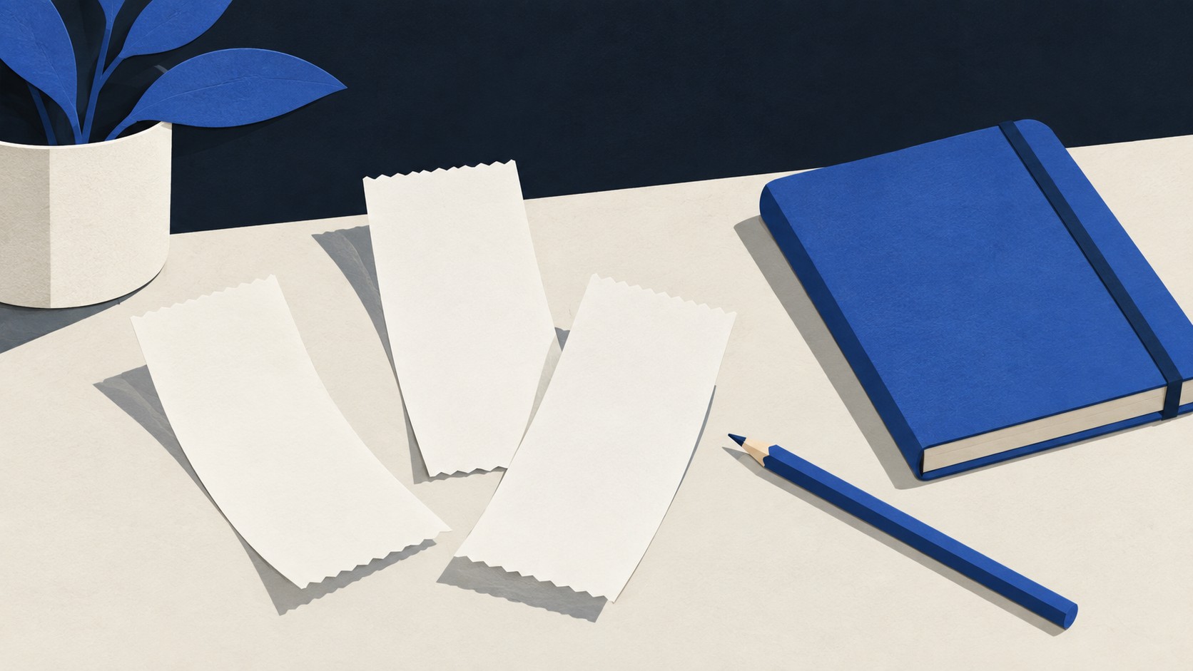 Paper-cut illustration of blank receipts, a pencil and a closed notebook.