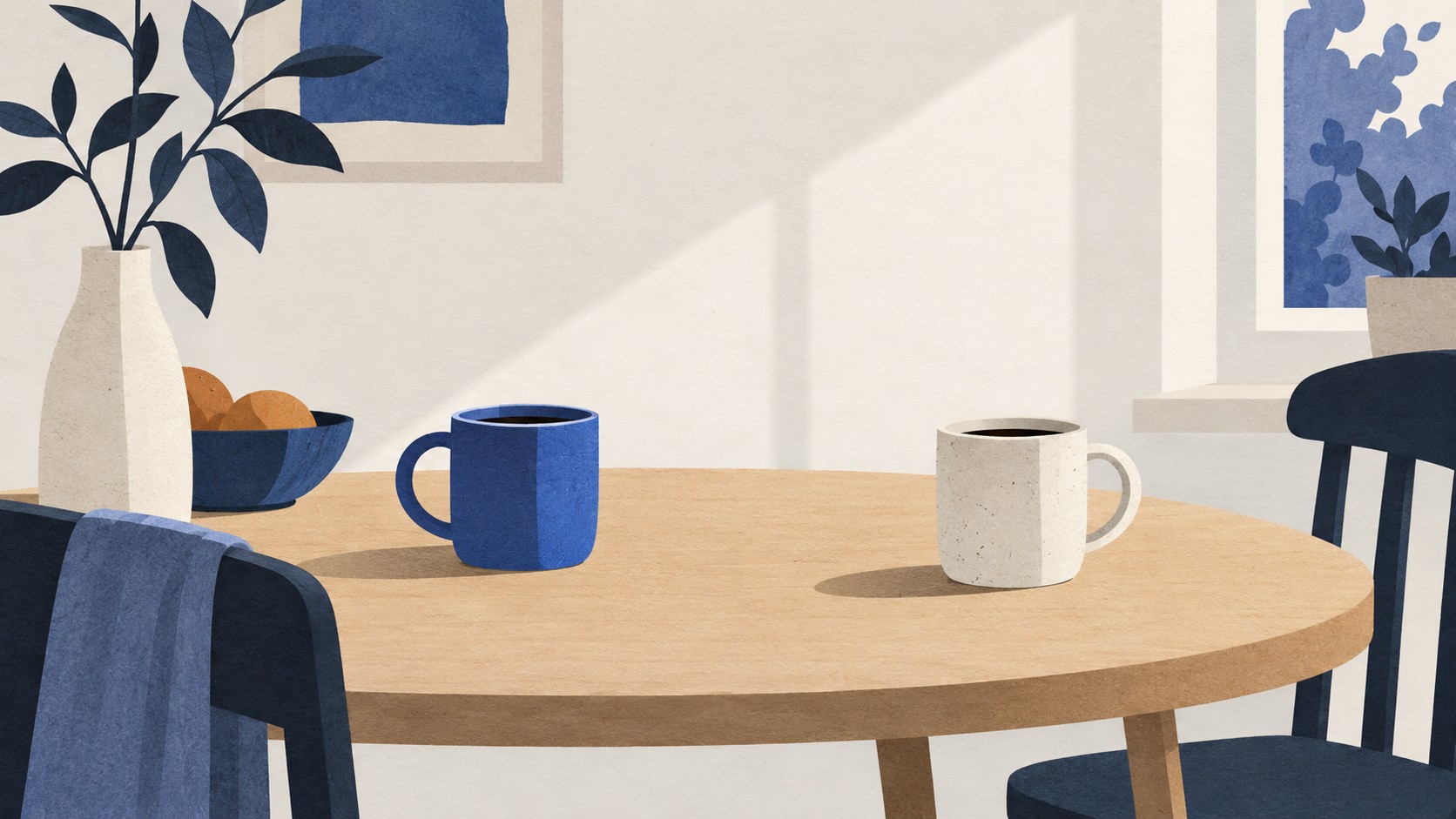 Paper-cut illustration of two mugs spaced comfortably apart on a kitchen table.