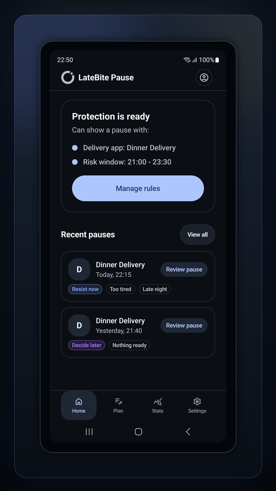LateBite Pause Home screen showing protection ready, selected delivery app, risk window, and recent pauses.