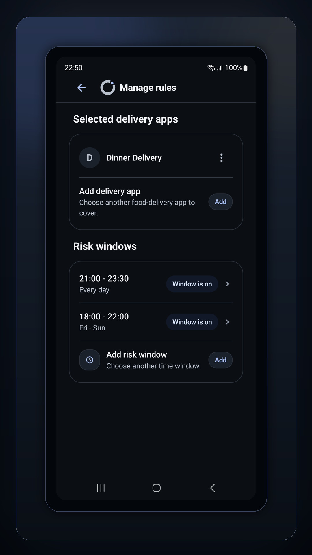 Rules screen showing one selected delivery app and enabled risk windows.