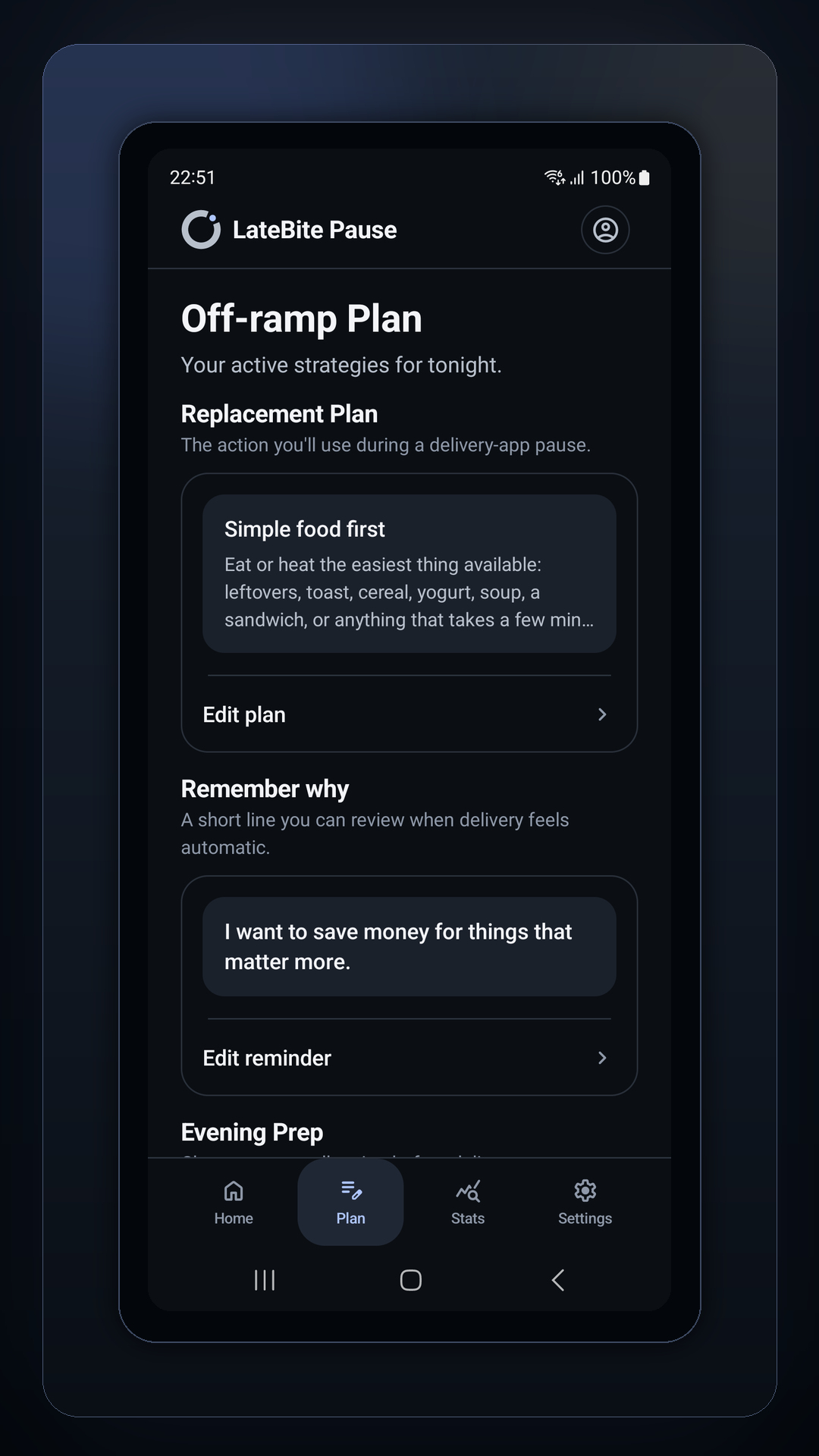Plan screen showing a saved Replacement Plan and Reason Reminder.