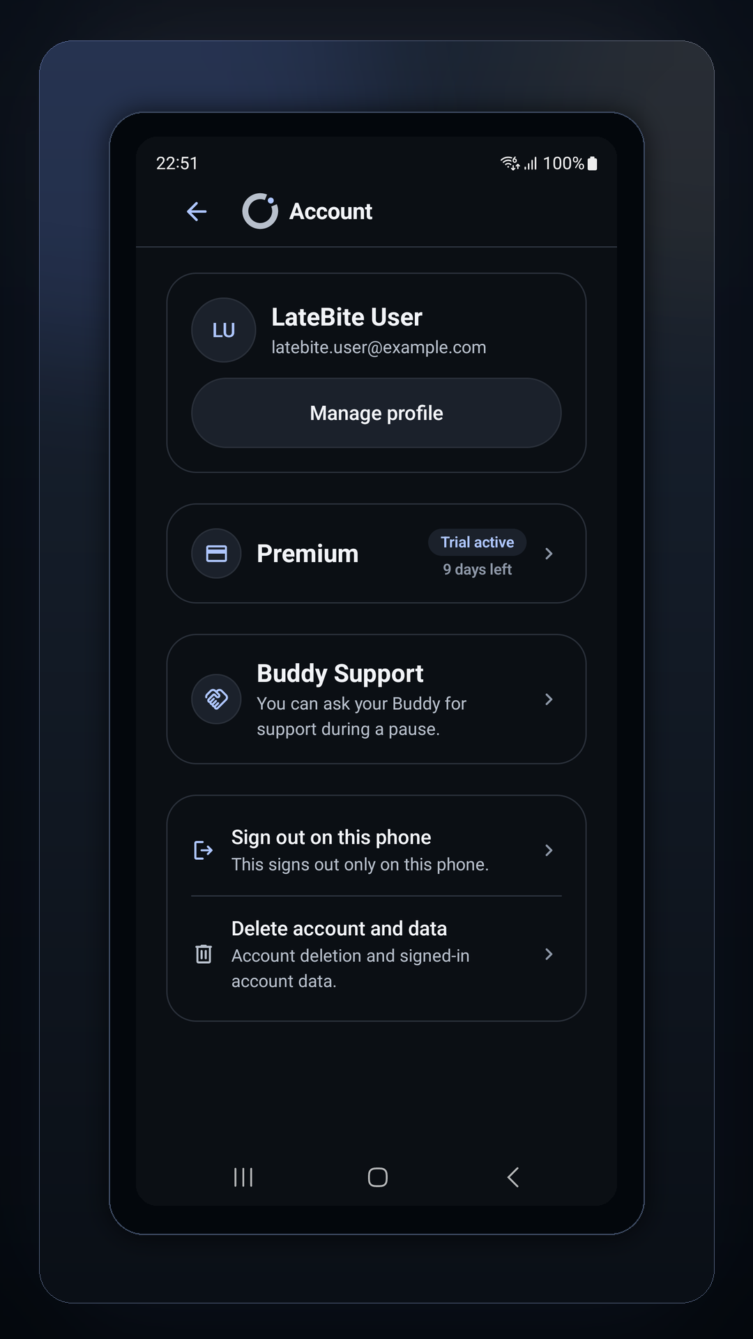 Account screen showing profile, Premium trial active, and Buddy Support entry.