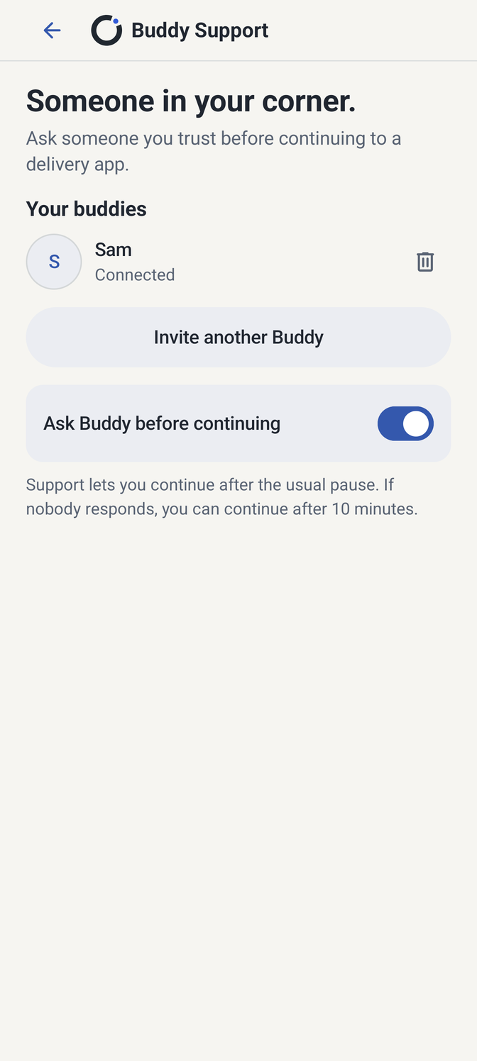 Buddy setup screen for inviting a trusted person.