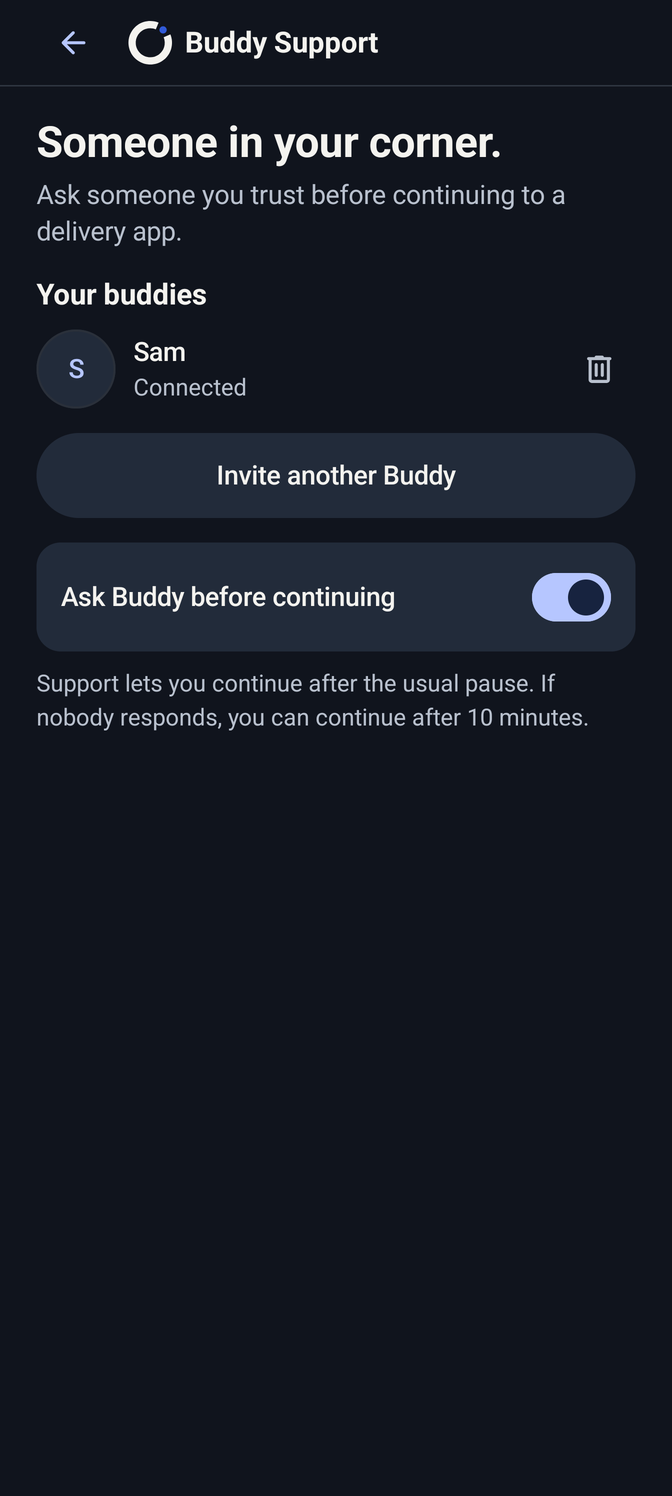 Buddy setup screen for inviting a trusted person.