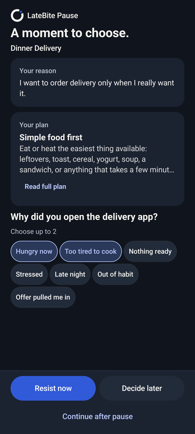 The Pause screen with a saved reason and available choices.