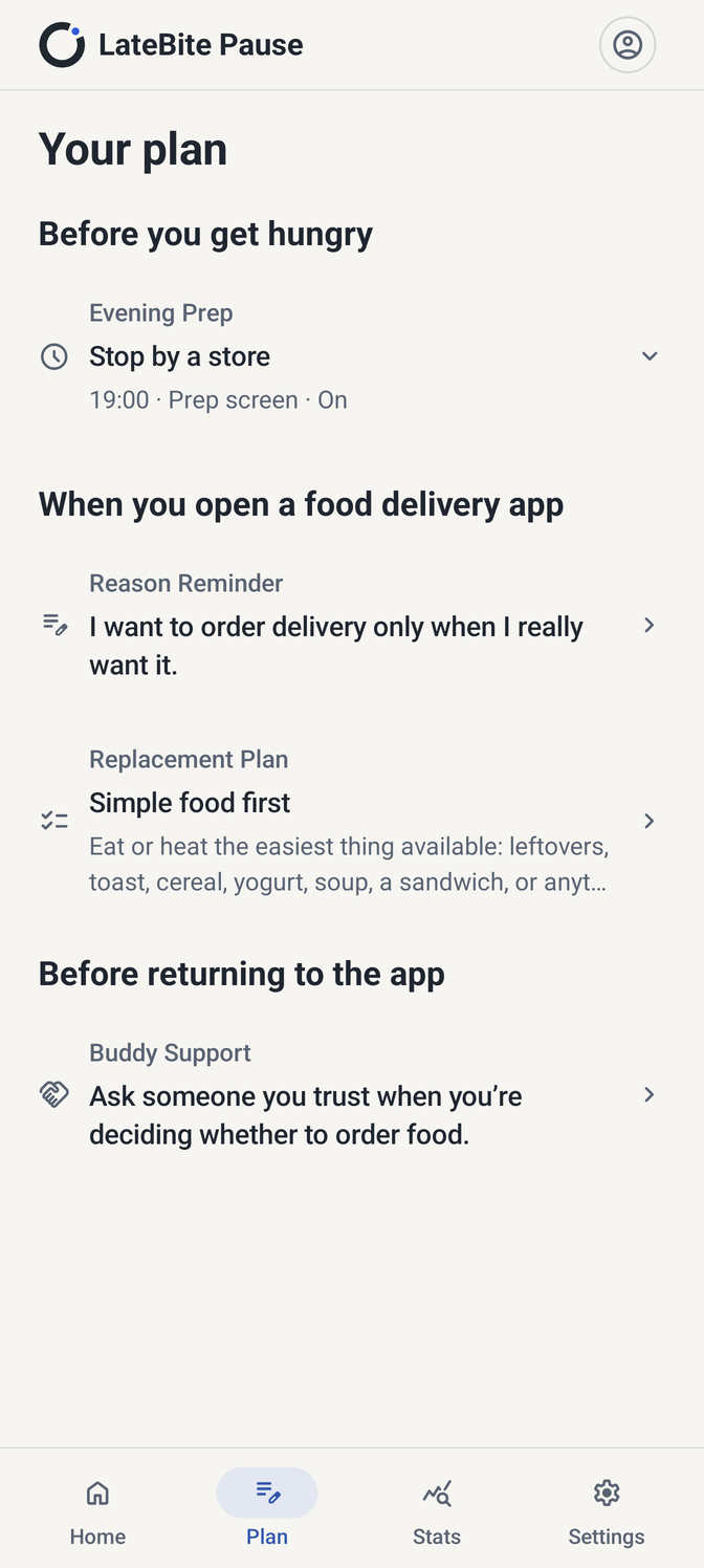 Plan screen with preparation and support settings.