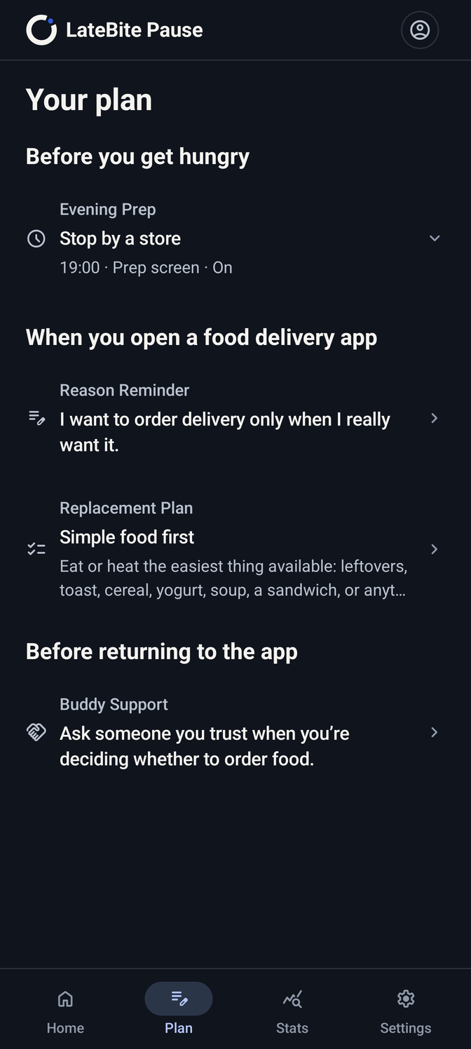 Plan screen with preparation and support settings.