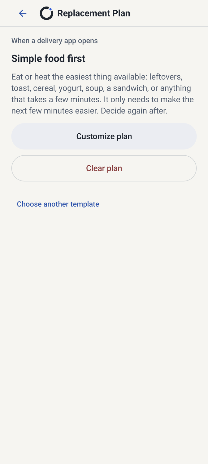 Replacement Plan settings for a practical saved action.