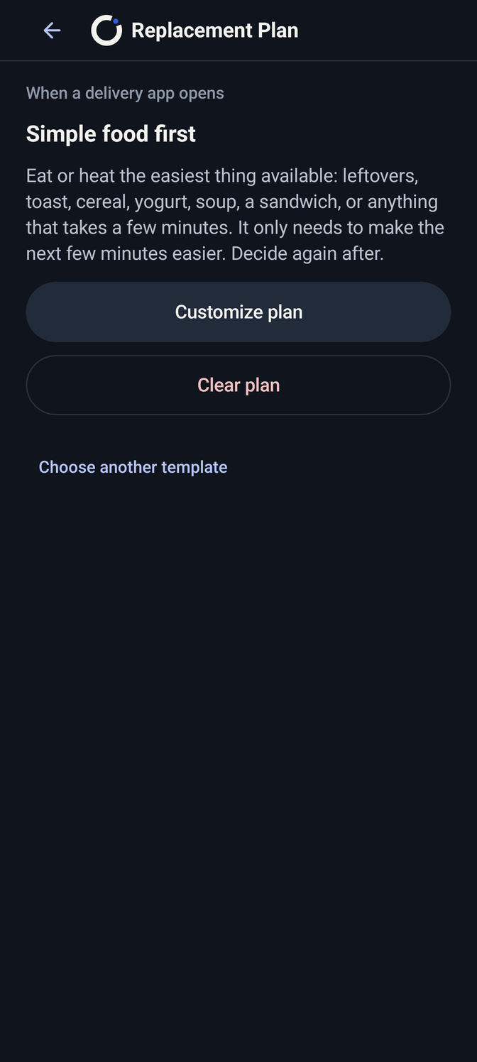 Replacement Plan settings for a practical saved action.