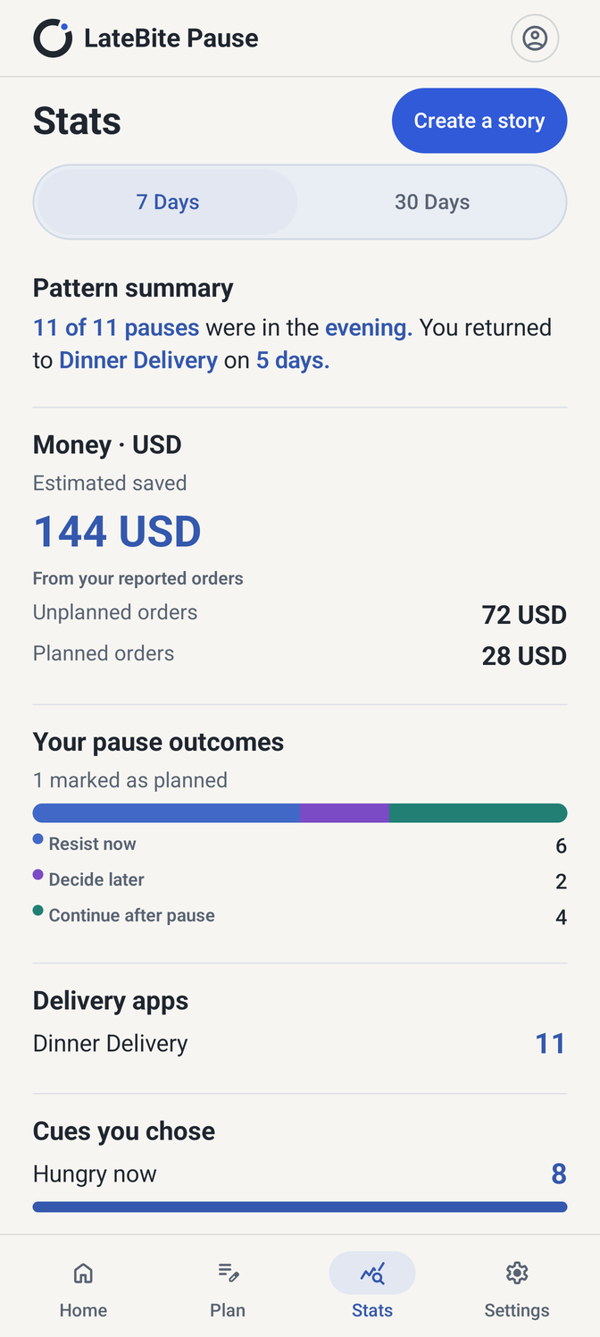 Stats screen with synthetic demonstration values, not customer results or verified savings.