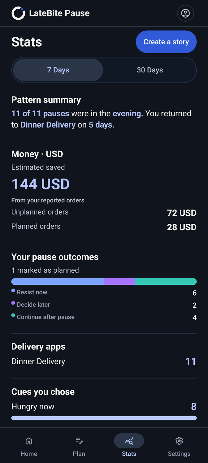 Stats screen with synthetic demonstration values, not customer results or verified savings.